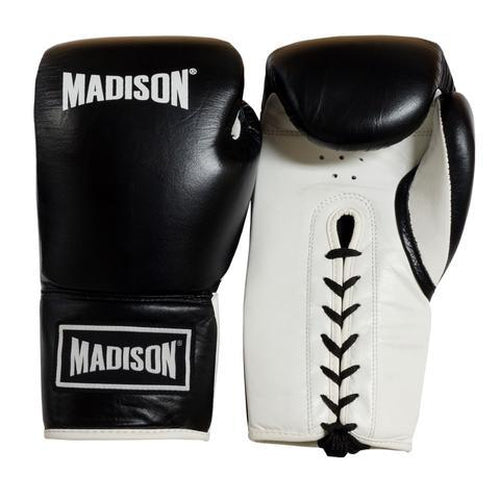 Madison Platinum Lace-up Boxing Gloves - Black/White Boxing - Sports Grade
